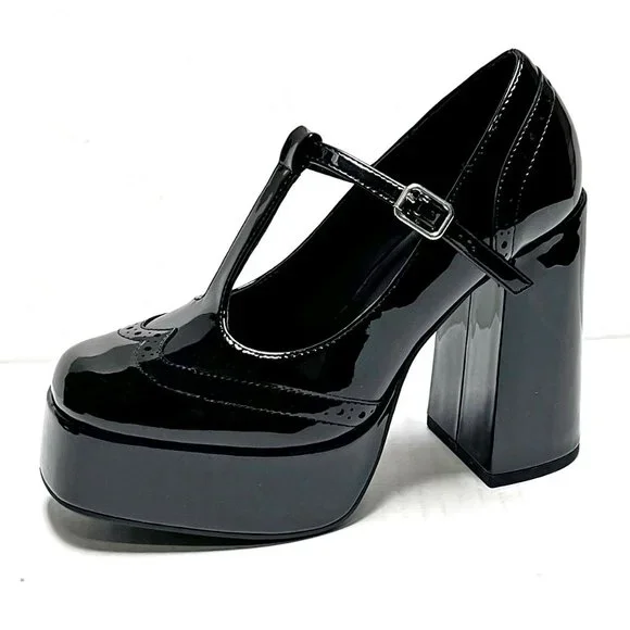 Black Patent T-Strap Mary Jane Platform Block Heel Pumps - Picture 2 of 5